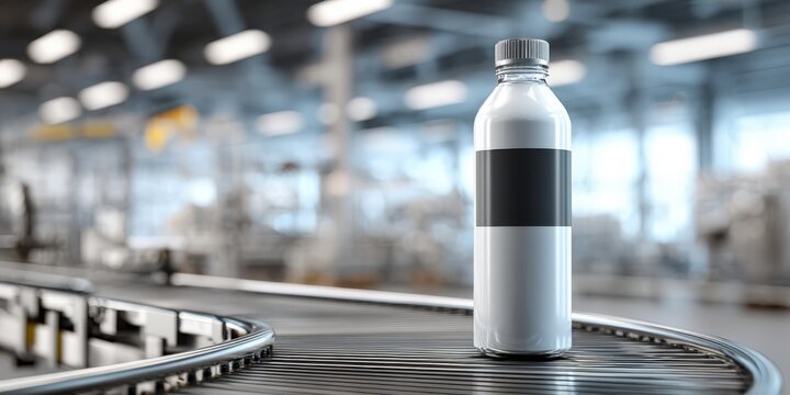 White bottle with blank label moving on conveyor belt