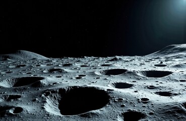 A view of the moon's cratered surface under a dark sky with a distant light source