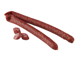 Fresh salami sausage sticks cut out isolated transparent background