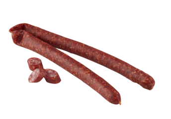 Fresh salami sausage sticks cut out isolated transparent background