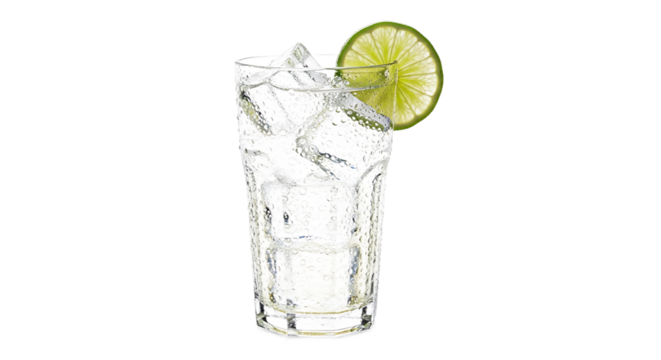 Refreshing gin and tonic with ice and lime drink on transparent background