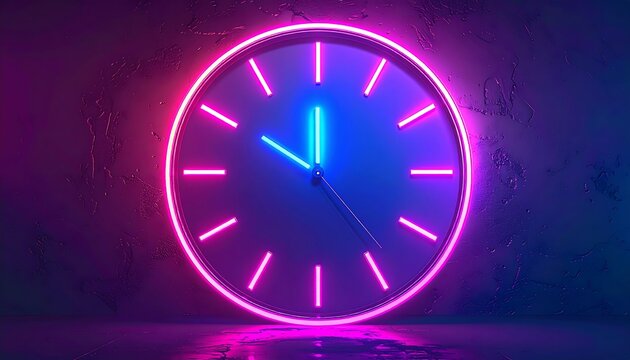 Neon clock against a textured wall.  Circular clock with neon pink and blue illumination.  Time displayed, modern style.  Reflecting surface below