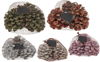 Dried pine flowers in various colored mesh bags cut out isolated transparent background
