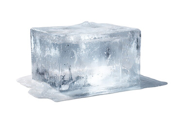 Translucent Ice Cube Isolated on Black Background With Melting Water Pool For Drinks