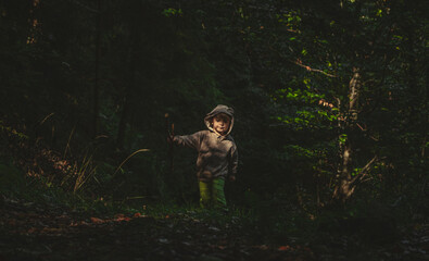 Childhood close to nature, a little boy walking in the forest