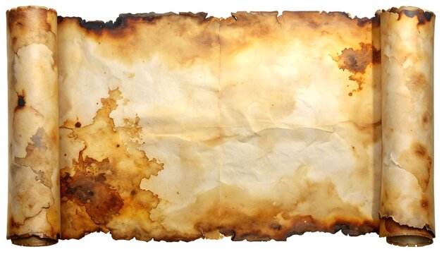 Rolled-up aged scroll, burnt edges, isolated on white