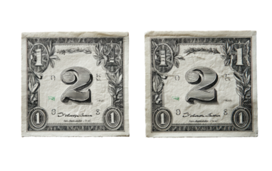 Two dollar bill backs, featuring large "2" and ornate design elements. Each is rectangular
