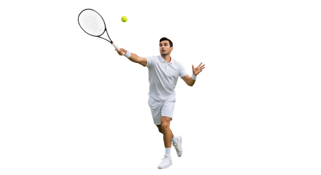 Professional tennis player hitting a forehand with power and determination on transparent background
