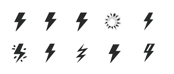 A collection of ten gray lightning bolt icons, some with stylized effects, on a black background