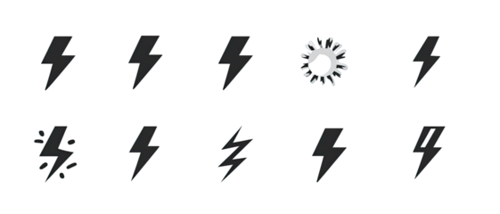 A collection of ten gray lightning bolt icons, some with stylized effects, on a black background