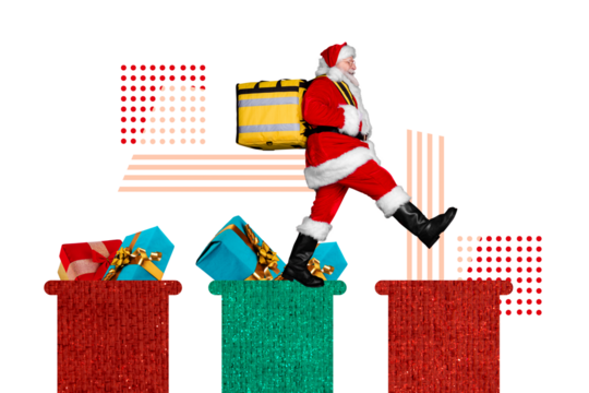 Composite trend artwork collage of merry Christmas holiday celebrate winter season decor aged man santa claus walk chimney delivery gift