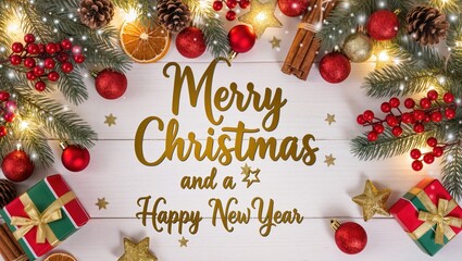 Bright festive Christmas greeting featuring ornaments, pine branches, lights, and wrapped gifts arranged upon the white wooden table, creating a warm holiday atmosphere with golden tones