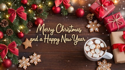 Warm festive Christmas greeting featuring decorated pine branches, red ornaments, wrapped gifts, and the cup of hot cocoa featuring marshmallows upon a wooden table under cozy lighting
