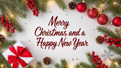 Holiday greeting card featuring pine branches, red ornaments, berries, pinecones, and the gift box featuring a red ribbon upon a white background, illuminated by warm festive lights