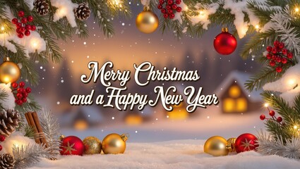 Warm Christmas greeting featuring glowing lights, red and gold ornaments, pine branches, and snow-covered scenery at dusk, creating the cozy winter holiday atmosphere