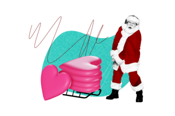 Composite trend artwork collage of merry Christmas holiday celebrate winter season aged man santa claus stand stairs decorate eve tree