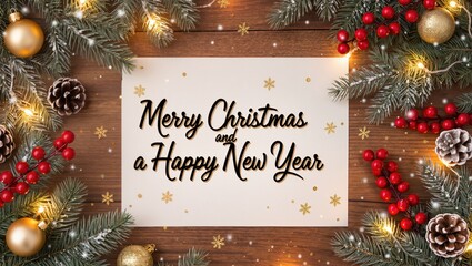Holiday greeting card featuring Merry Christmas and Happy New Year message surrounded by pine branches, red berries, golden ornaments, and warm lights upon the wooden table
