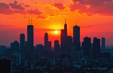 Fototapeta premium Sunset over a city skyline with tall skyscrapers and vibrant orange and pink clouds