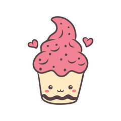 Kawaii Pink Frosted Cupcake with Floating Hearts Illustration