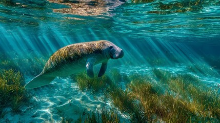 Fototapeta premium Breathtaking underwater photograph of a gentle manatee swimming in clear turquoise water above a green seagrass bed, lit by sun rays.