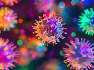 Abstract image of viruses in neon. Spherical pathogens with spikes in bright colors against a background of multicolored glare create a visual threat effect in pop art style.