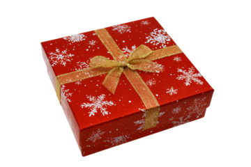 Red christmas gift box with snowflakes and gold ribbon isolated on transparent background