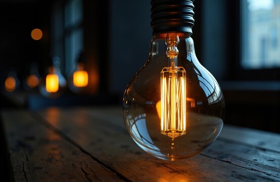 A vintage-style incandescent light bulb glowing softly in a dimly lit room
