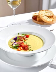 Creamy soup garnished with prosciutto, herbs, and tomatoes in a white bowl,  paired with bread slices and wine glass