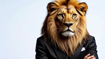 A lion standing proudly, posing like a true king, dressed in a modern business suit — an abstract portrait that fuses wild nature with sophisticated elegance