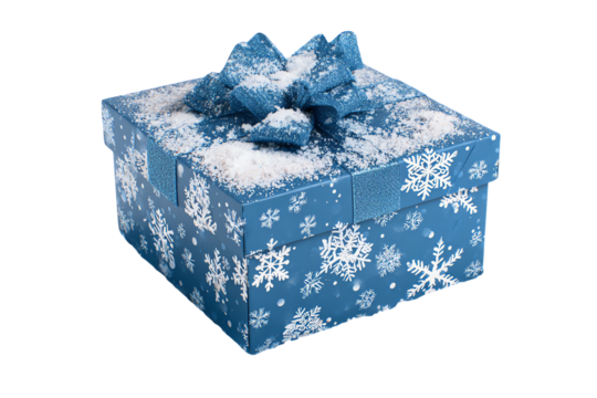 Blue snowflake gift box covered in snow, isolated on transparent background