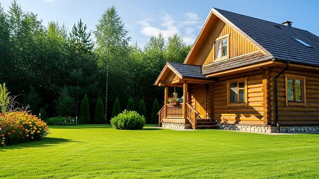A charming wooden log cabin is perfectly situated on a pristine, vibrant green lawn, bathed in warm sunlight under a clear blue sky. Colorful flowers bloom in the foreground, adding natural beauty, wh