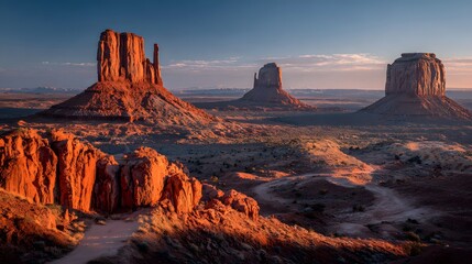 Breathtaking wide-shot photograph of Monument Valley at sunrise, the iconic red rock buttes bathed in warm light, casting long shadows.