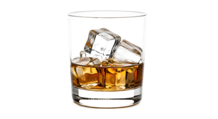 Whiskey on the rocks in a clear glass against a dark on transparent background