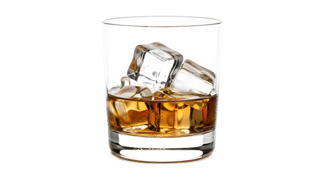 Whiskey on the rocks in a clear glass against a dark on transparent background