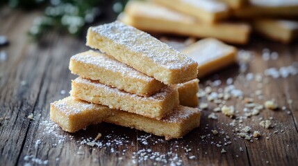 Shortbread fingers with sugar dusting on a rustic wooden surface.