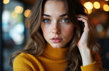Fototapeta premium Woman with blue eyes and wavy brown hair wearing a yellow sweater in a cozy indoor setting