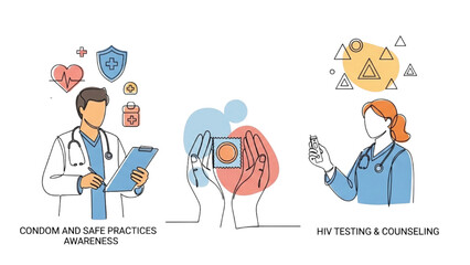 Continuous Line Art of HIV Prevention Awareness, Doctor Explaining to Patient, Condom Safety, and Testing Counseling, Minimalist Medical Illustration