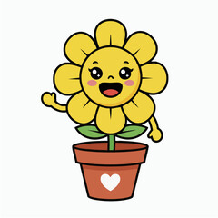 Cute cartoon sunflower character waving from a pot with a heart
