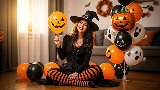 A cheerful young woman in a whimsical costume, featuring a pointed hat and vibrant striped leggings, sits playfully on the floor surrounded by a lively assortment of balloons. Her infectious smile rad