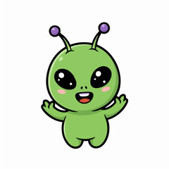 Cute little green alien cartoon character waving its hands and smiling happily