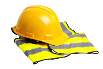 Yellow hard hat and safety vest isolated on transparent background