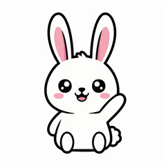 Adorable kawaii white bunny waving a friendly hello, cute cartoon rabbit character illustration on a white background