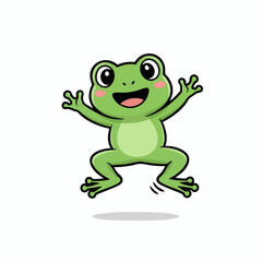 Cute green cartoon frog jumping with a joyful expression. Happy amphibian character vector