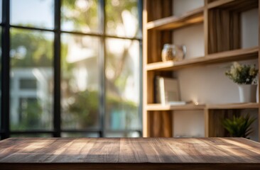 Fototapeta premium Modern interior space with wooden shelves and large window overlooking nature