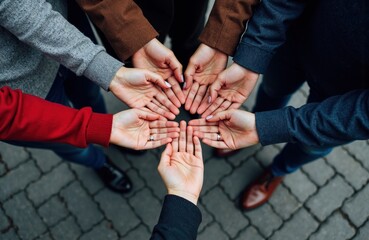 Team of diverse people placing their hands together in a circle symbolizing unity and teamwork