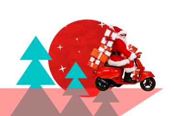 Sketch template design 3D photo collage composite of winter season outdoors new year aged man santa ride motorbike delivery giftbox