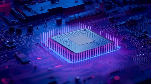 Advanced microchip with intricate circuit pathways, showcasing high-precision electronic components with luminescent blue and purple illumination. Detailed technological visualization