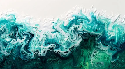 Plexiglas schilderij Kristal A modern abstract painting with a fluid paint effect resembling ocean waves in shades of turquoise, emerald, and white, accented by vivid bubbles. Generative AI  © Maksym