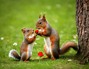 Cute squirrel offering a flower gift to its lover, fun wildlife, love and Valentine's day greeting card, squirrels in the park