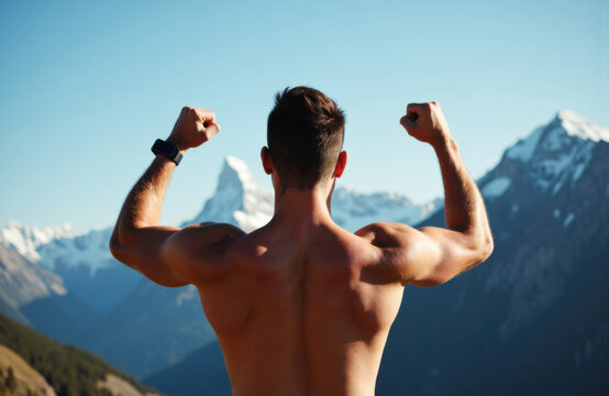 A muscular man flexes his back muscles against a mountain landscape with snow-capped peaks
